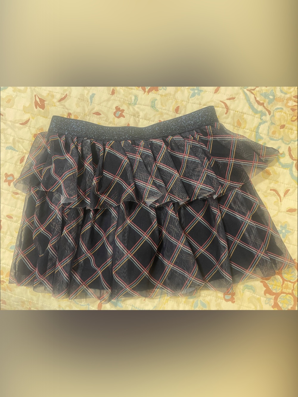 Girls' Navy Plaid Tiered Mini Skirt with Sparkle Waistband
